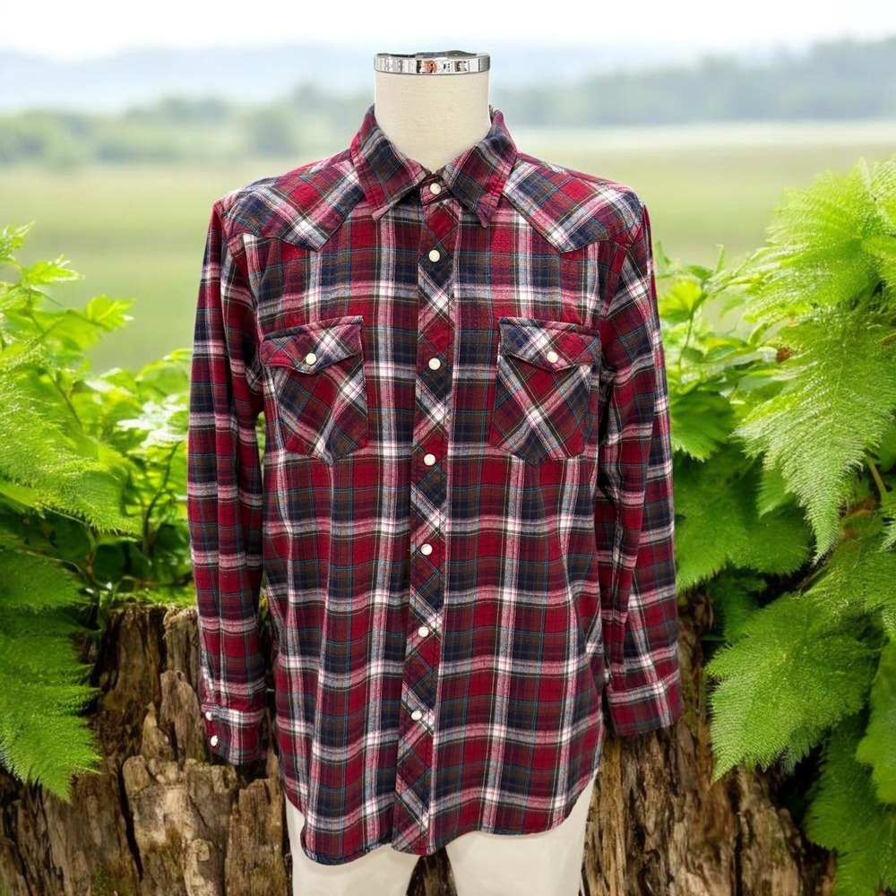 Vintage Plaid Flannel Shirt Mens Large Pearl Snap Western Grunge Workwear
